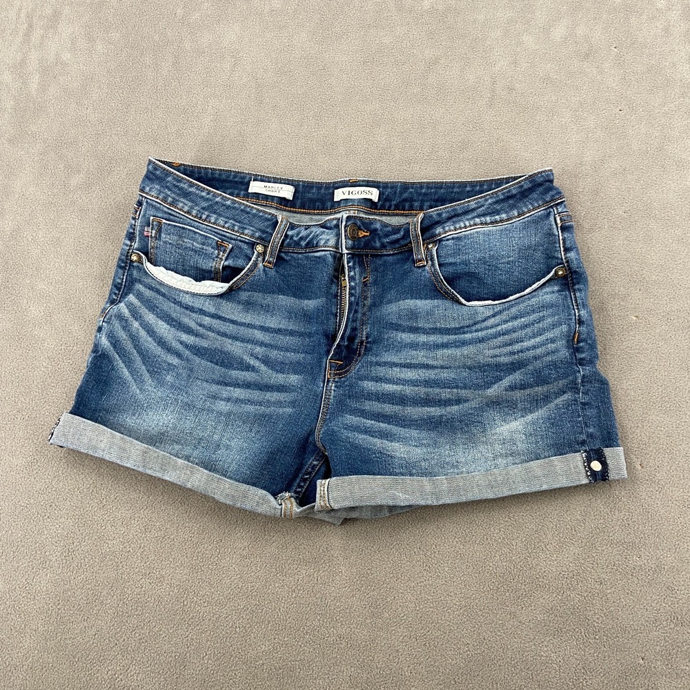 Vigoss Marley Shorts Womens 33 Blue Denim Faded Stretch Regular Fit Cuffed Hem